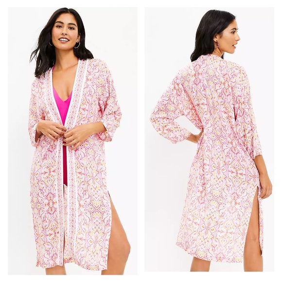 LOFT Sweaters - LOFT Multicolor Ikat Print Beach Kimono Duster Open Front Side Slits Coastal
